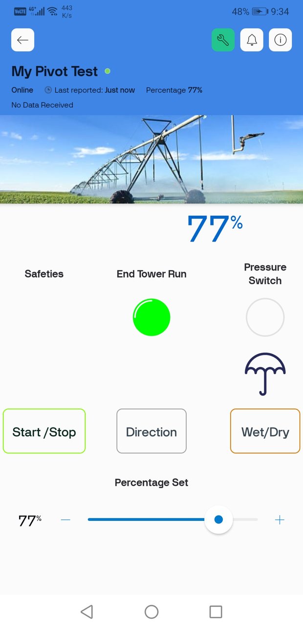 WiFe PivotControl online center pivot dashboard with percentage, start stop, direction and wet dry controls