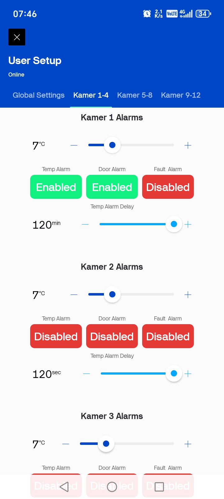 Potato seed coldroom room alarm configuration screen