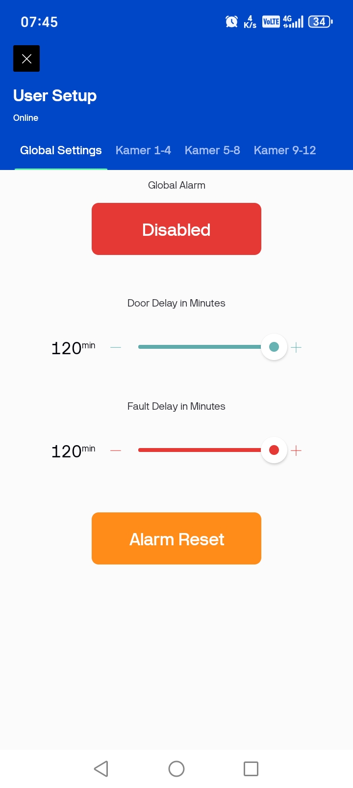 Potato seed coldroom global alarm setup screen