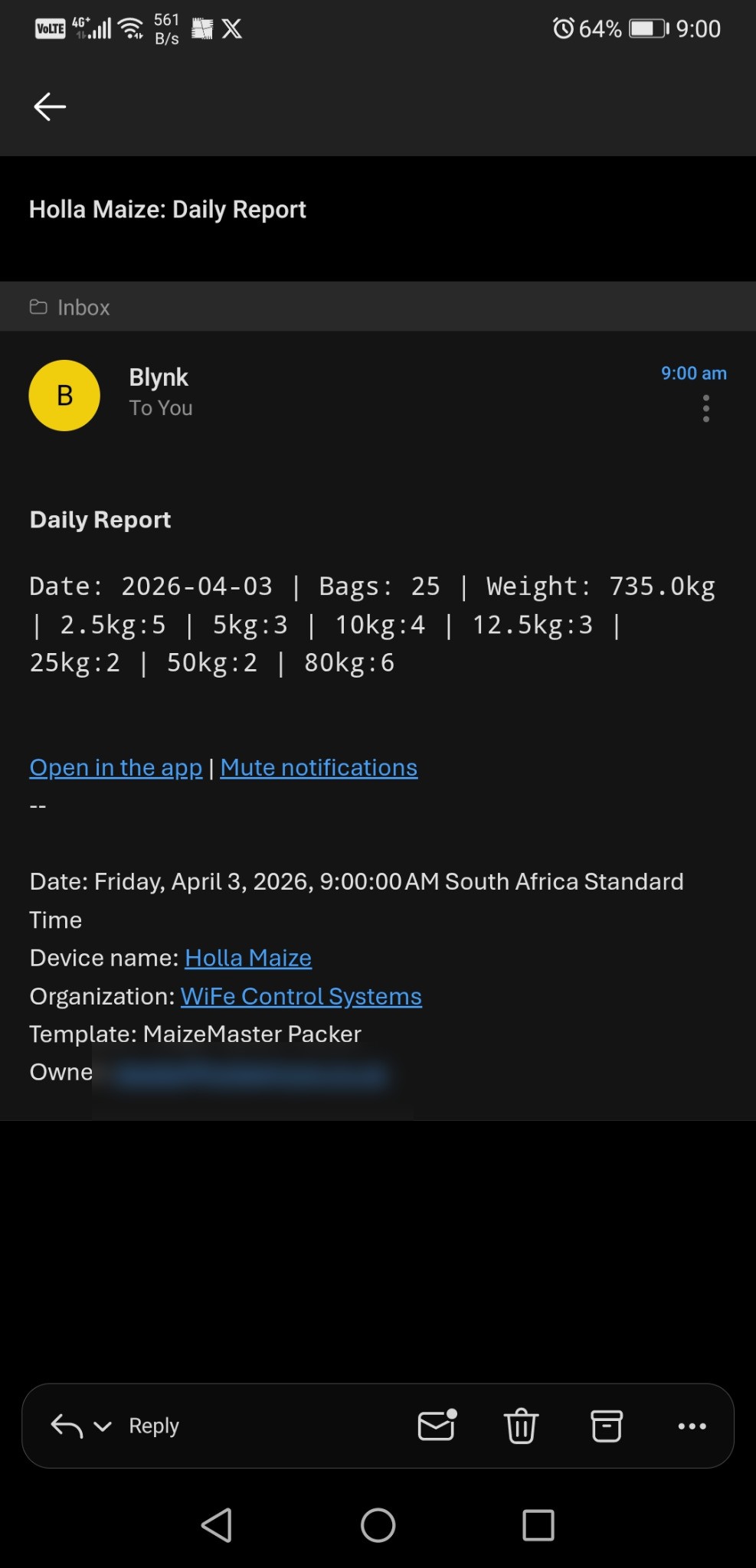 Maize Master packer daily email report with owner email blurred