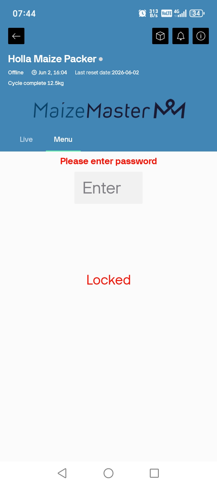 Maize Master packer password protected menu dashboard