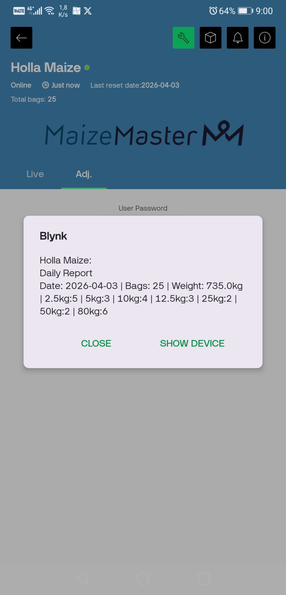 Maize Master packer daily report phone popup notification