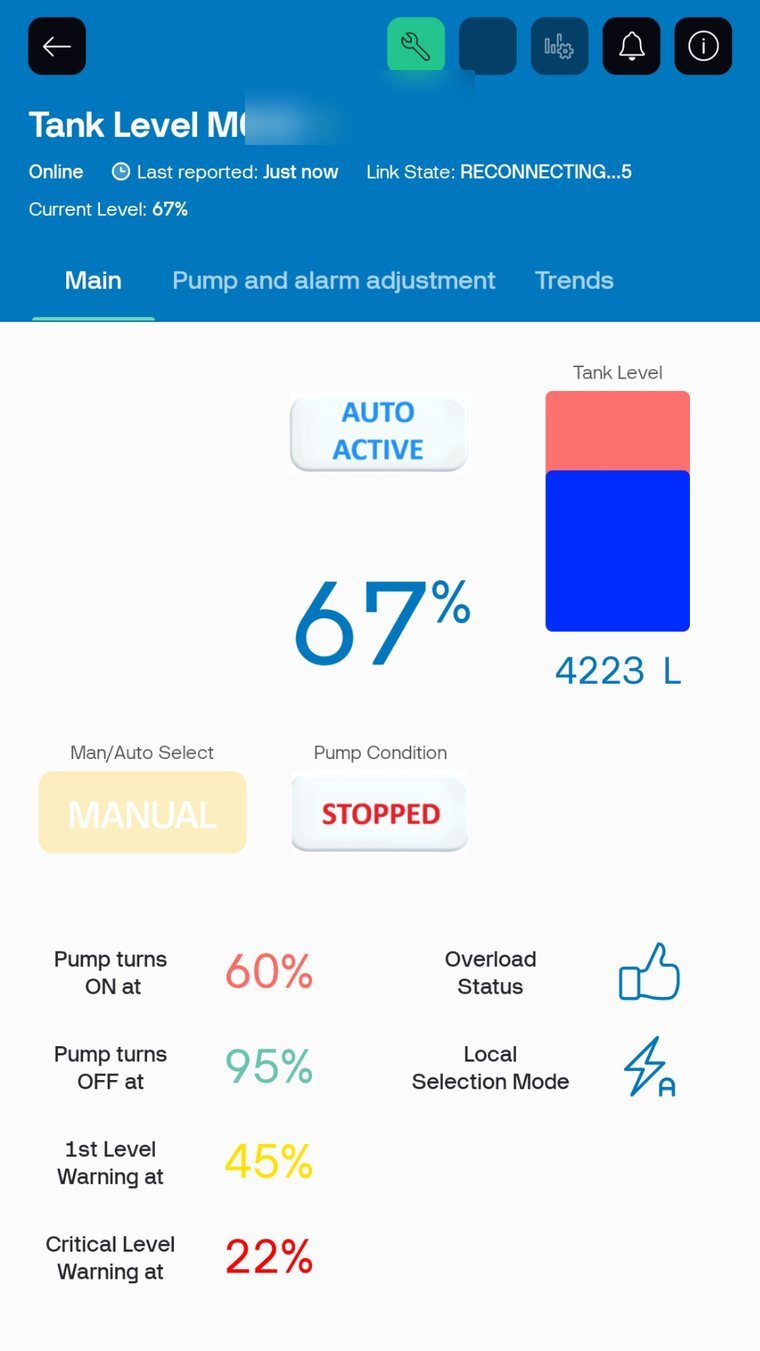 Pump and tank level monitoring dashboard showing live tank percentage, pump status and alarm levels