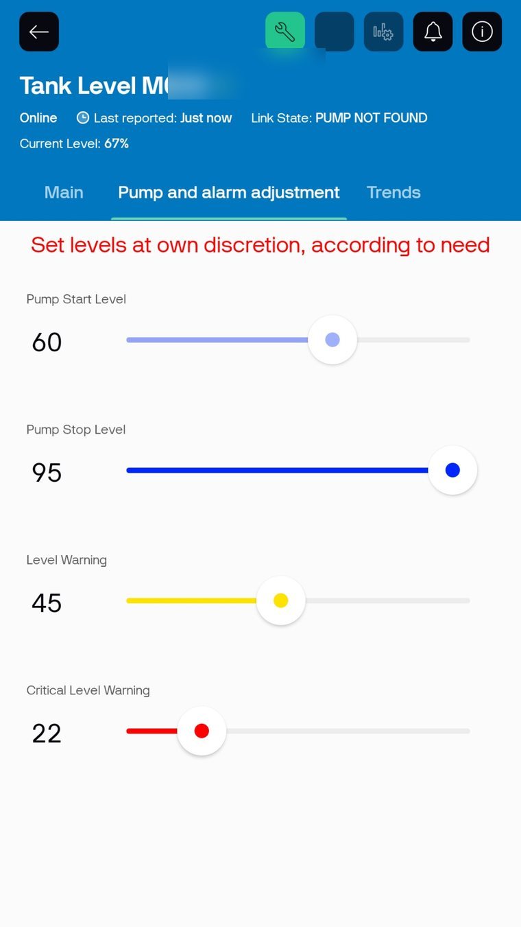 Pump and level control settings dashboard with adjustable start, stop, warning and critical levels